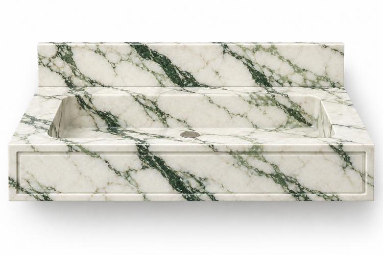 Frame Calacatta Green panel front floating sink, front view design rendering