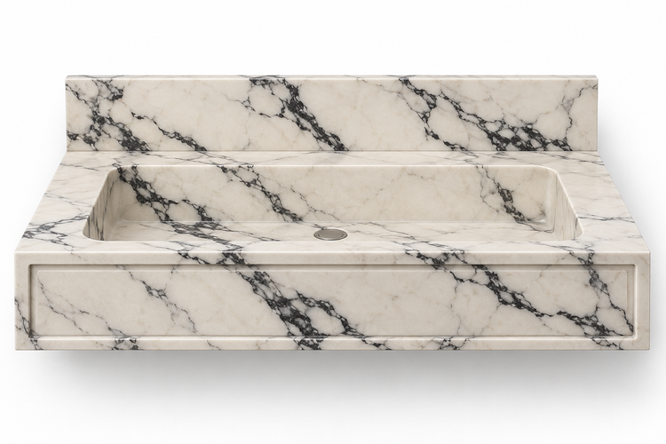 Frame Calacatta Viola panel front floating sink, front view design rendering