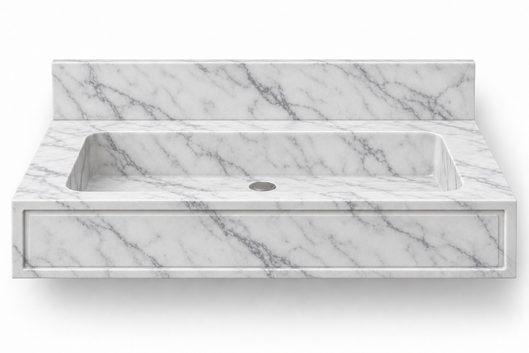 Frame Carrara panel front floating sink, front view design rendering