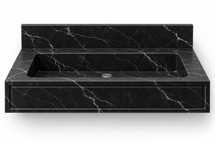 Frame Nero Marquina panel front floating sink, front view design rendering