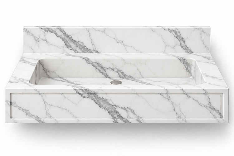 Frame Statuario panel front floating sink, front view design rendering