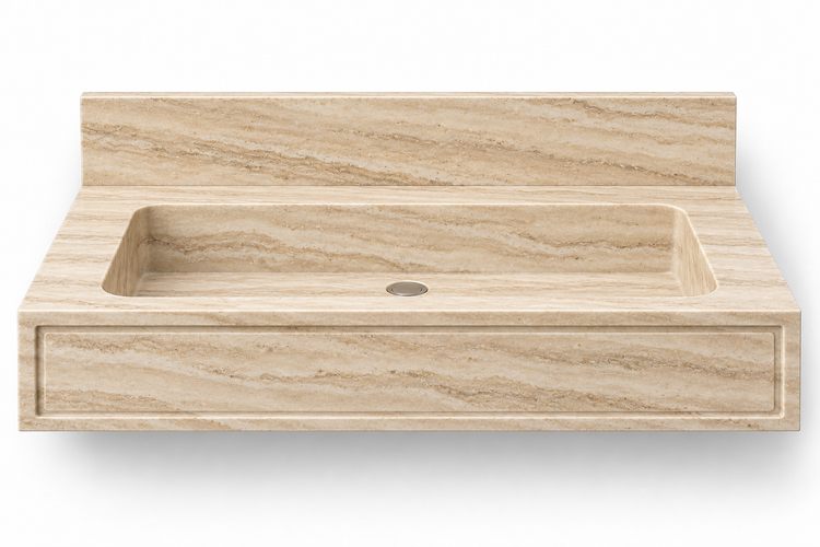 Frame Travertine panel front floating sink, front view design rendering