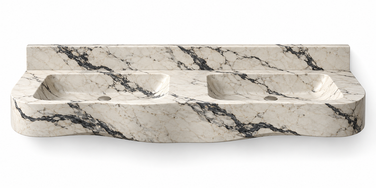 Grand Onde Calacatta Viola statement double floating sink, front view design rendering