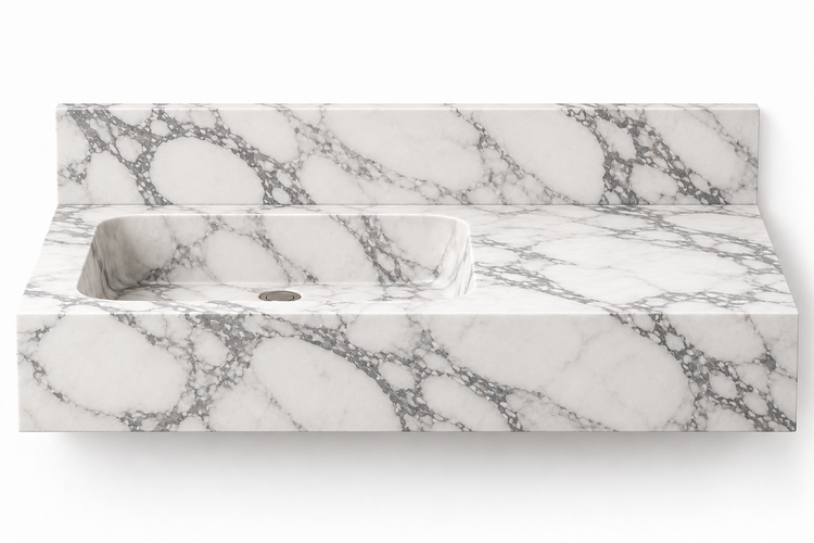 Ledge Arabescato offset basin floating sink, front view design rendering