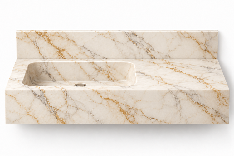 Ledge Calacatta Gold offset basin floating sink, front view design rendering