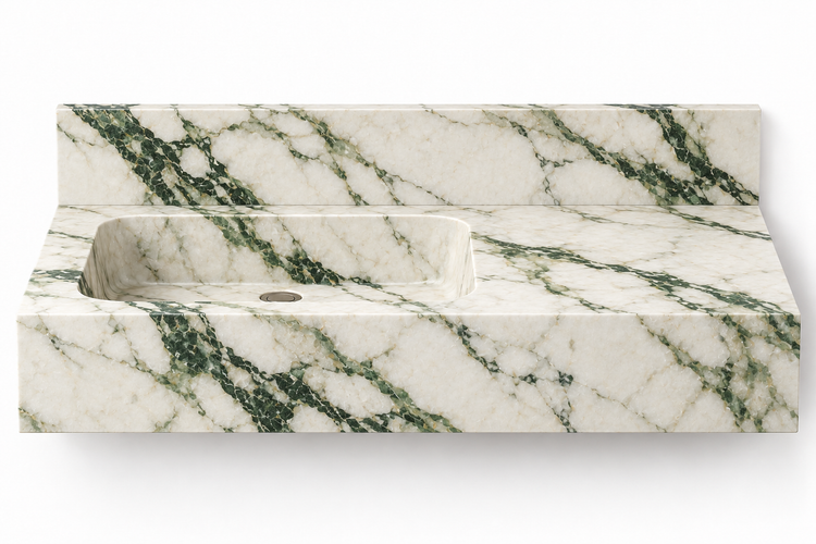 Ledge Calacatta Green offset basin floating sink, front view design rendering