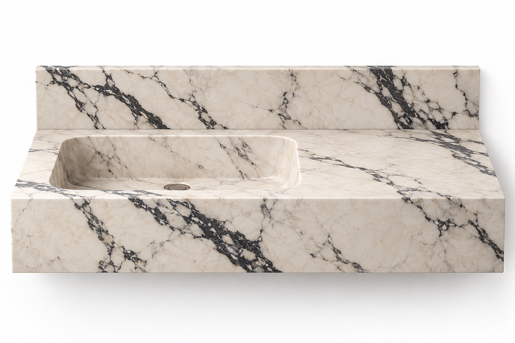 Ledge Calacatta Viola offset basin floating sink, front view design rendering