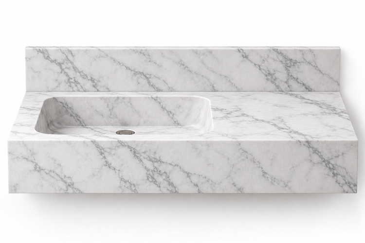 Ledge Carrara offset basin floating sink, front view design rendering