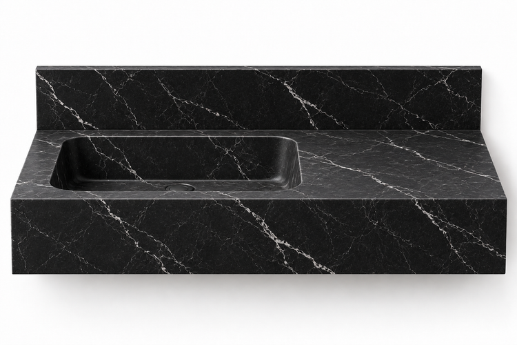 Ledge Nero Marquina offset basin floating sink, front view design rendering