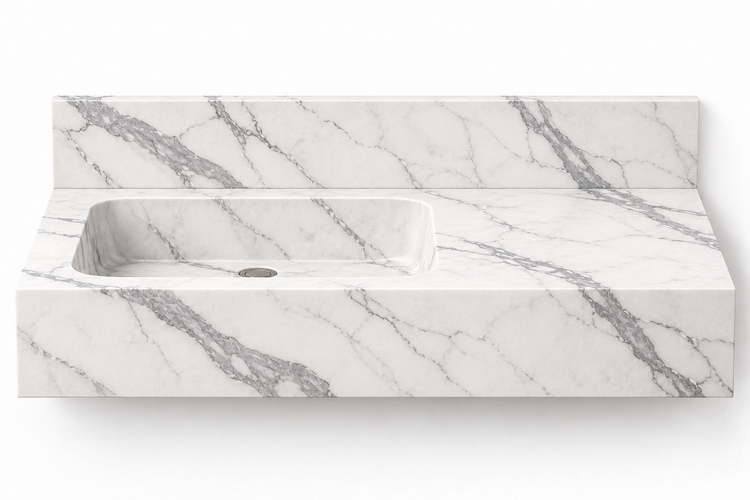 Ledge Statuario offset basin floating sink, front view design rendering