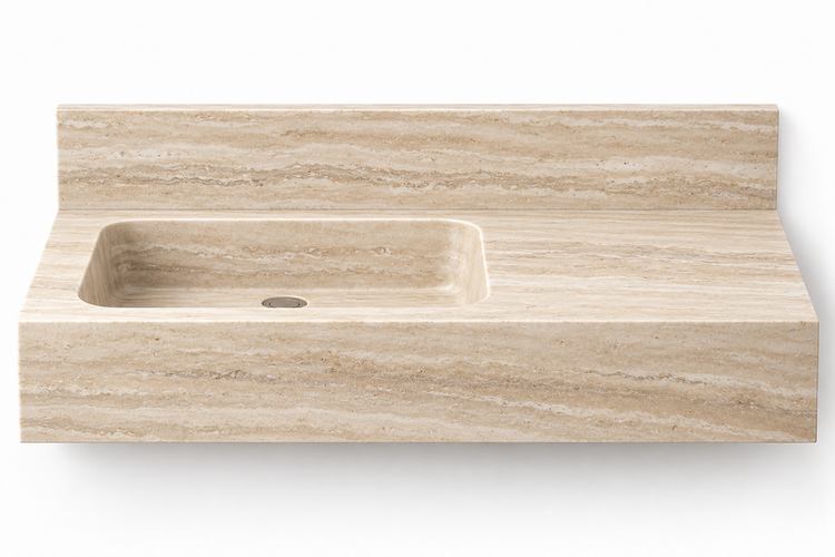 Ledge Travertine offset basin floating sink, front view design rendering