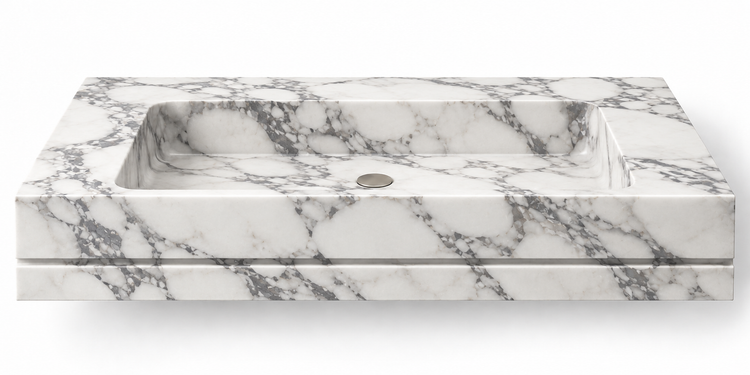 Linea Arabescato shadow-line floating sink, front view design rendering