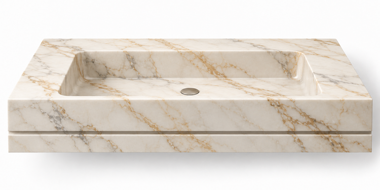 Linea Calacatta Gold shadow-line floating sink, front view design rendering
