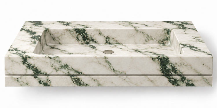 Linea Calacatta Green shadow-line floating sink, front view design rendering