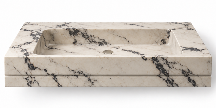 Linea Calacatta Viola shadow-line floating sink, front view design rendering