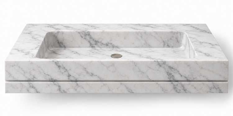Linea Carrara shadow-line floating sink, front view design rendering