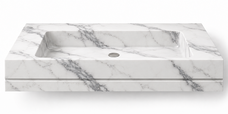 Linea Statuario shadow-line floating sink, front view design rendering