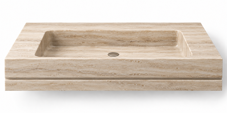 Linea Travertine shadow-line floating sink, front view design rendering