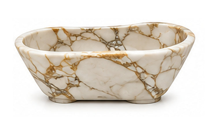 Concept image of a sculptural freestanding bathtub in Calacatta Gold natural stone, Vero Marble