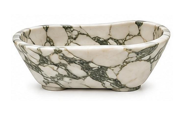 Concept image of a sculptural freestanding bathtub in Calacatta Green natural stone, Vero Marble
