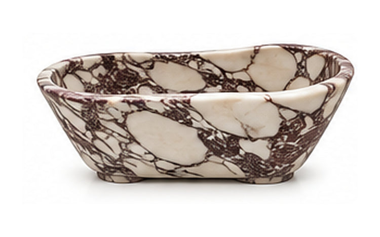 Concept image of a sculptural freestanding bathtub in Calacatta Viola natural stone, Vero Marble
