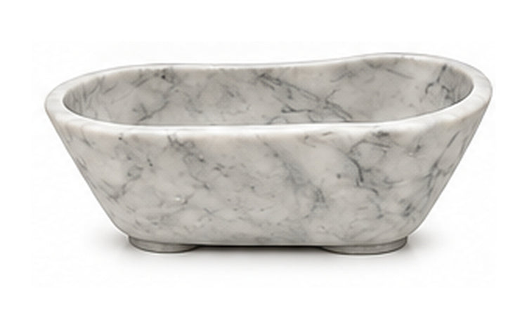 Concept image of a sculptural freestanding bathtub in Carrara natural stone, Vero Marble