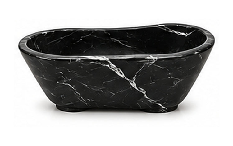 Concept image of a sculptural freestanding bathtub in Nero Marquina natural stone, Vero Marble
