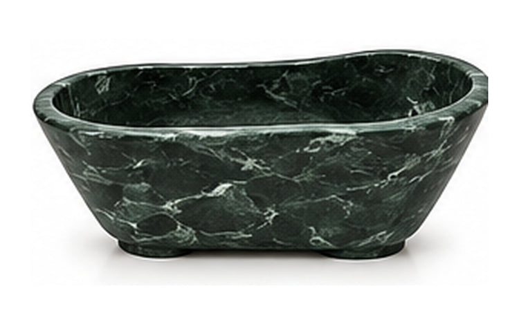 Concept image of a sculptural freestanding bathtub in Verde Alpi natural stone, Vero Marble