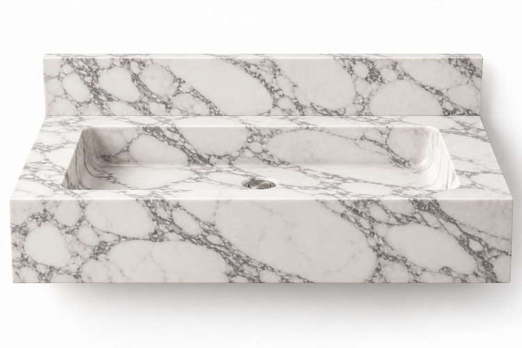 Monolith Arabescato deep apron floating sink, front view design rendering