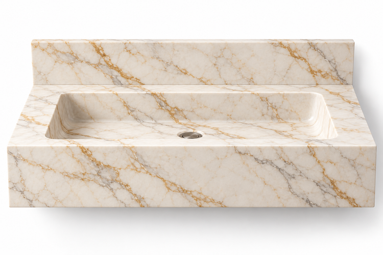 Monolith Calacatta Gold deep apron floating sink, front view design rendering