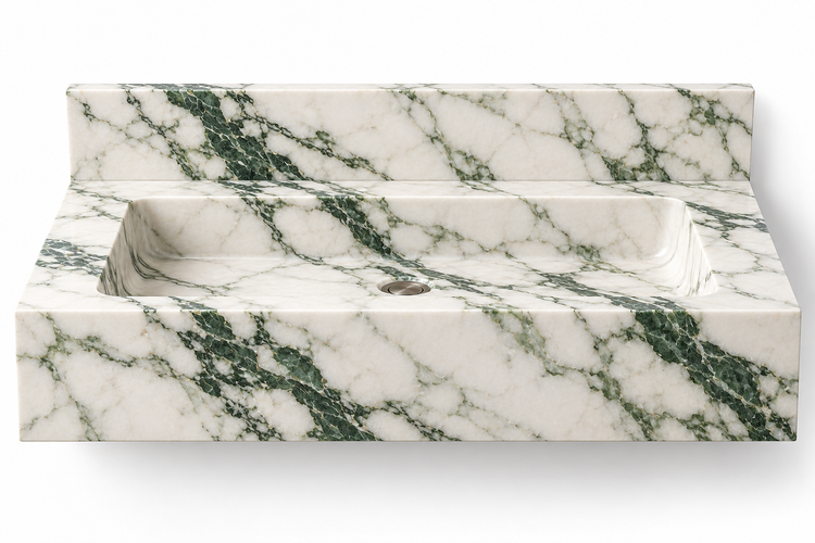 Monolith Calacatta Green deep apron floating sink, front view design rendering