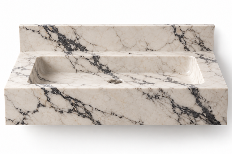 Monolith Calacatta Viola deep apron floating sink, front view design rendering