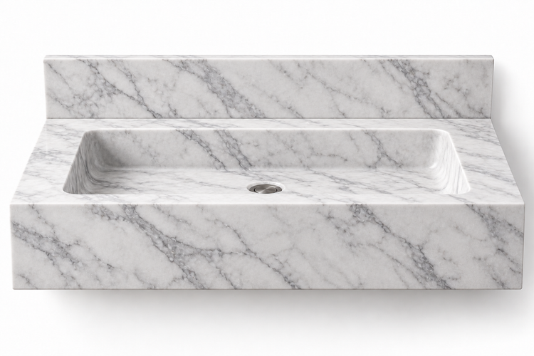 Monolith Carrara deep apron floating sink, front view design rendering