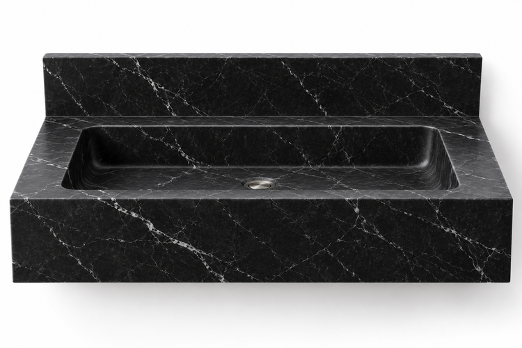 Monolith Nero Marquina deep apron floating sink, front view design rendering