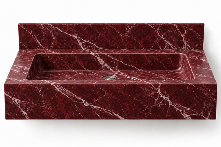 Monolith Rosso Levanto deep apron floating sink, front view design rendering