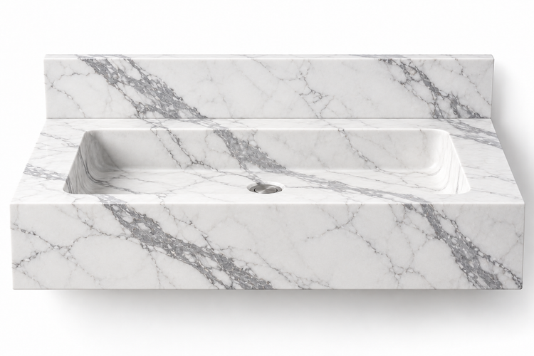 Monolith Statuario deep apron floating sink, front view design rendering