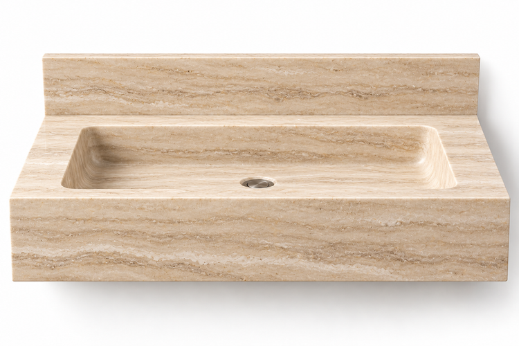 Monolith Travertine deep apron floating sink, front view design rendering