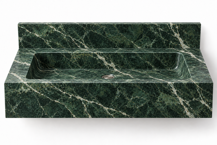 Monolith Verde Alpi deep apron floating sink, front view design rendering