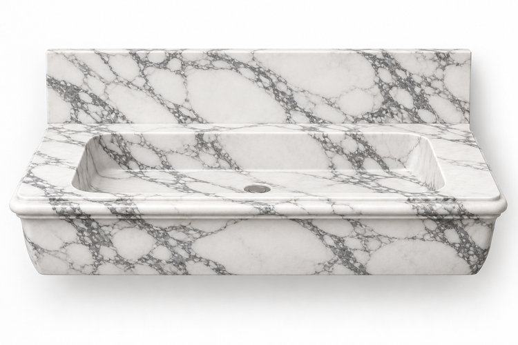 Ogee Arabescato classic profile floating sink, front view design rendering