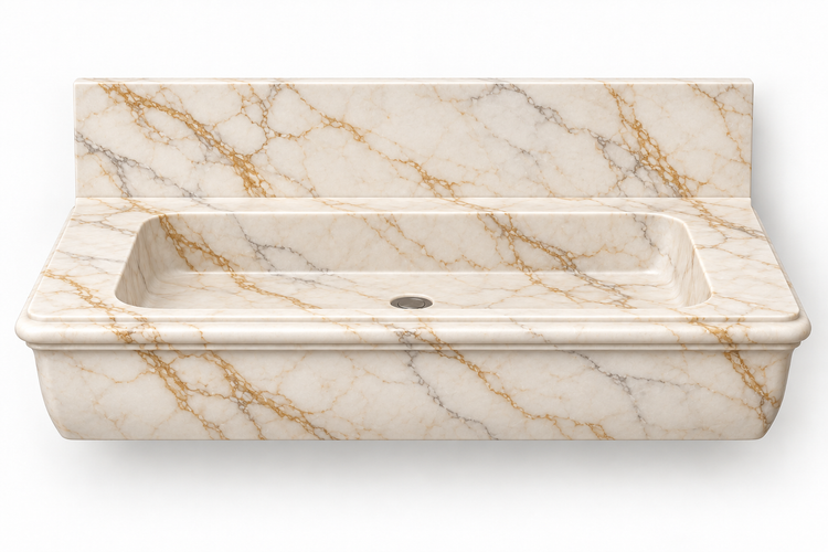 Ogee Calacatta Gold classic profile floating sink, front view design rendering