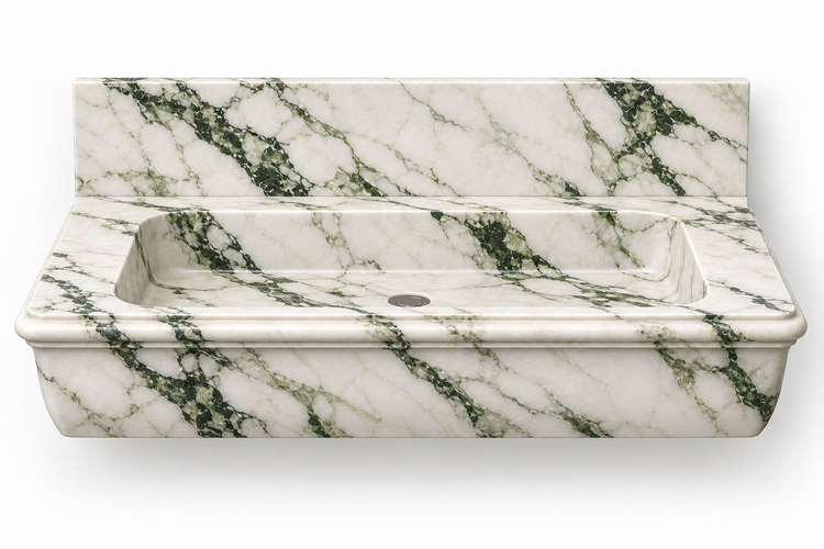 Ogee Calacatta Green classic profile floating sink, front view design rendering