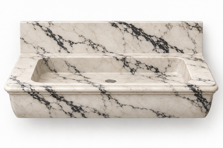 Ogee Calacatta Viola classic profile floating sink, front view design rendering