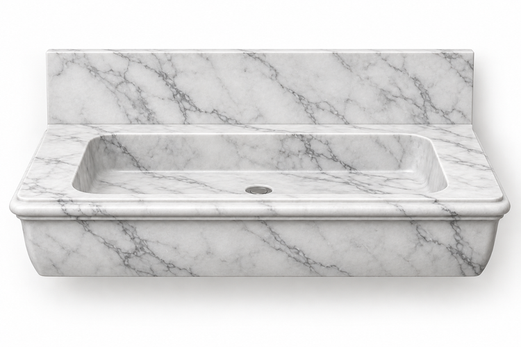 Ogee Carrara classic profile floating sink, front view design rendering