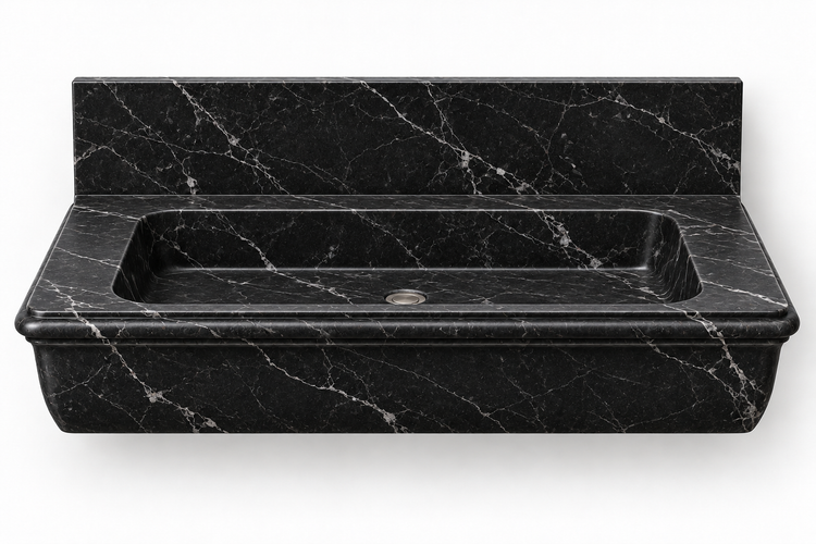 Ogee Nero Marquina classic profile floating sink, front view design rendering