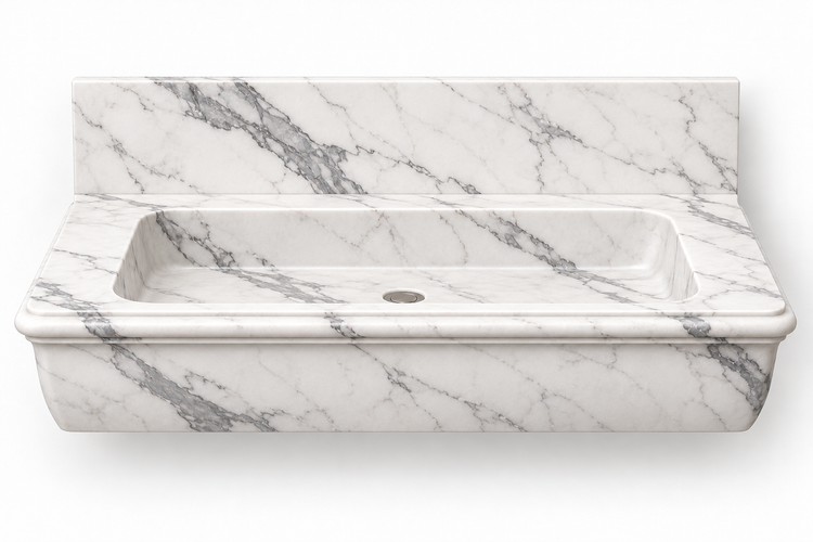 Ogee Statuario classic profile floating sink, front view design rendering