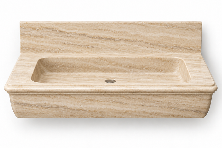 Ogee Travertine classic profile floating sink, front view design rendering