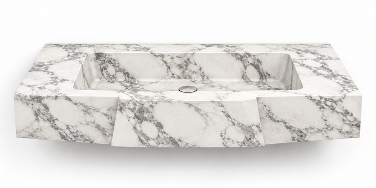 Origami Arabescato faceted front floating sink, front view design rendering