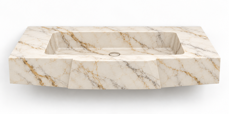 Origami Calacatta Gold faceted front floating sink, front view design rendering