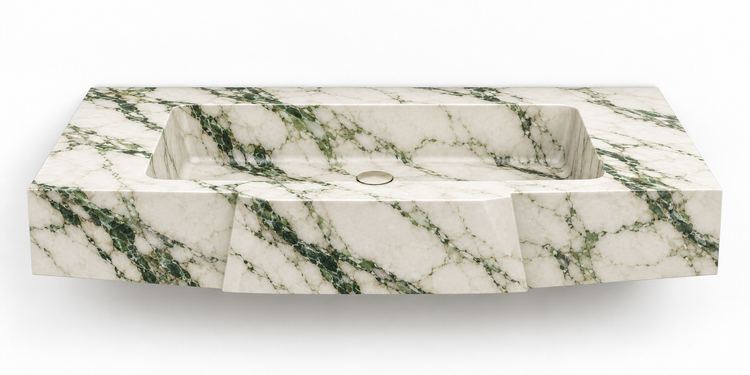 Origami Calacatta Green faceted front floating sink, front view design rendering