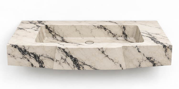 Origami Calacatta Viola faceted front floating sink, front view design rendering